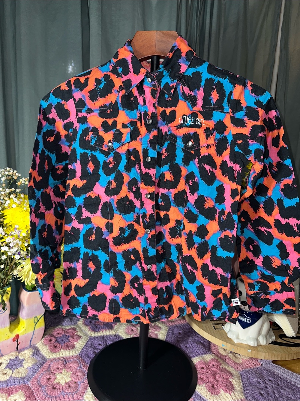 🎉Cruel Girl Neon Leopard Print Button Down Shirt - Pink Orange Blue Black. C343